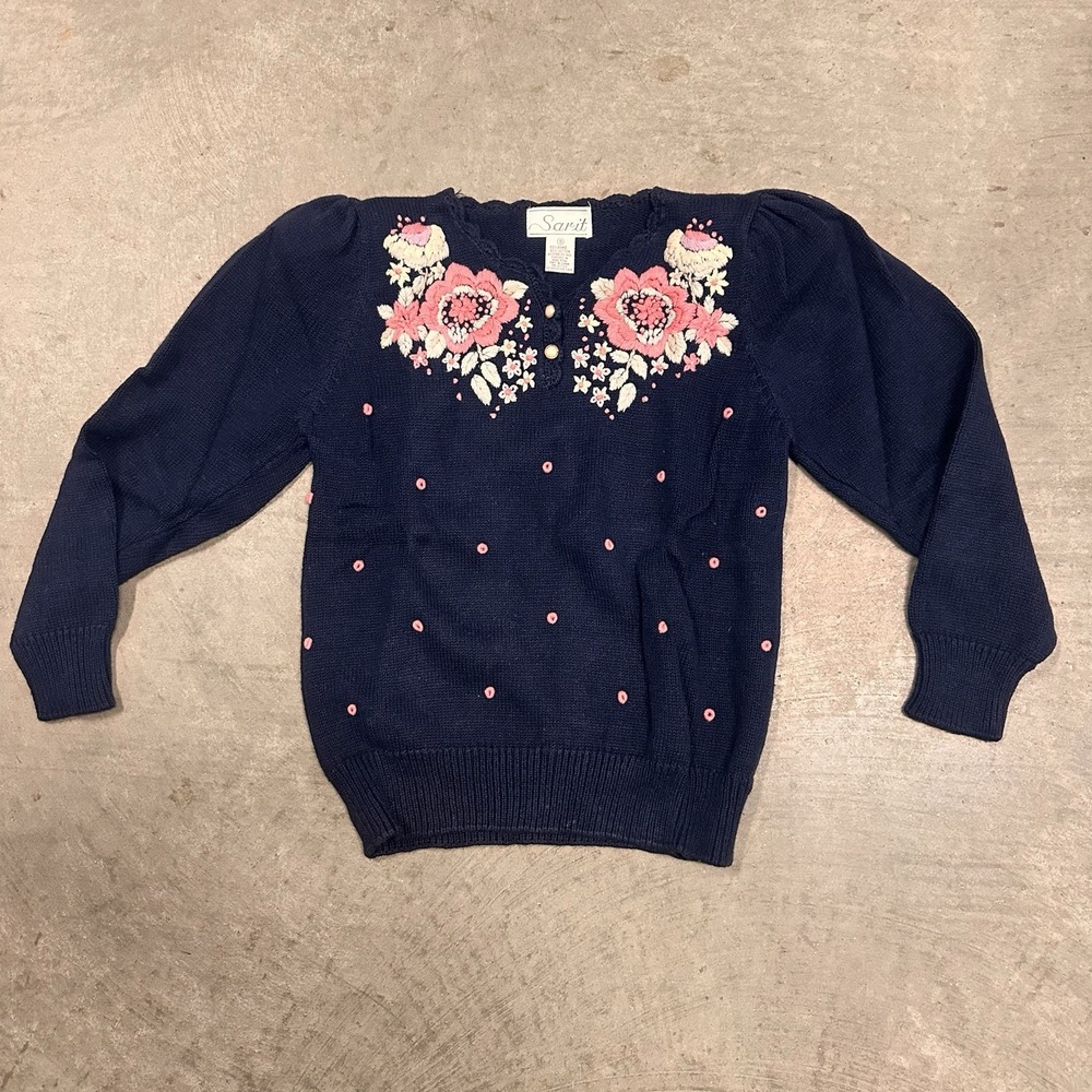 Sarit Floral Knit Sweater Womens Small Navy Longsleeve Pearl Snap Grandma 90s